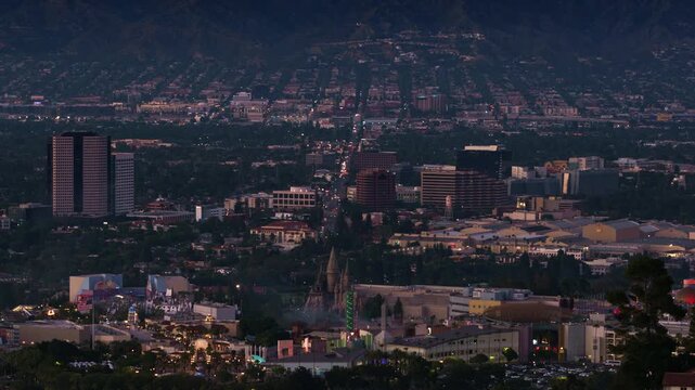 Los Angeles Universal City and Burbank Sunset to Night Time Lapse Tilt Up California USA