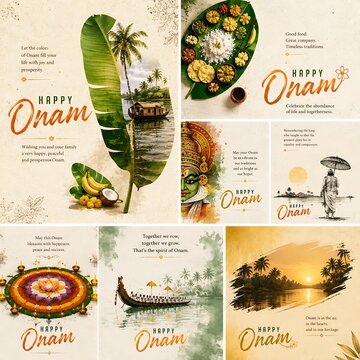 Vintage Happy Onam Greeting Card with Kathakali, Snake Boat, Pookalam and Kerala Backwaters
