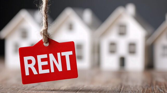 A red tag with the word "RENT" hangs in the foreground against a blurred background of miniature white houses