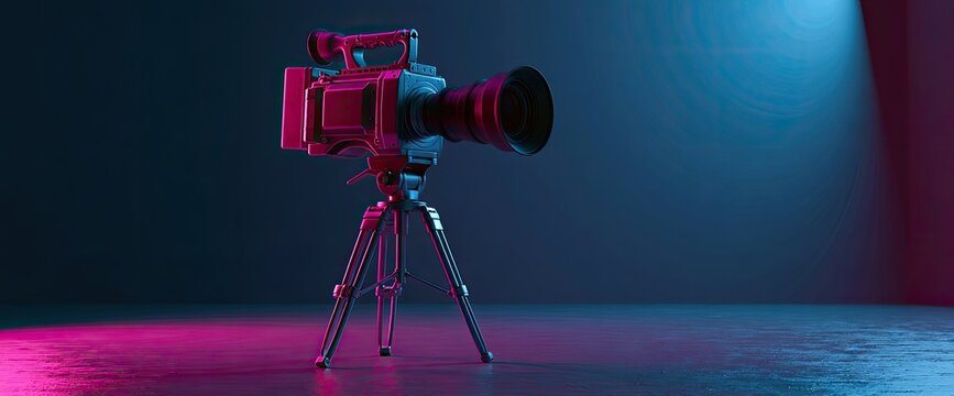 Professional video camera on tripod, illuminated by dramatic pink and blue neon lights