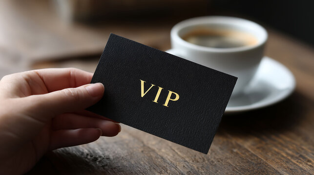 A hand holding a black textured VIP card with gold lettering. A white cup with black coffee is visible in the blurred background on a wooden table