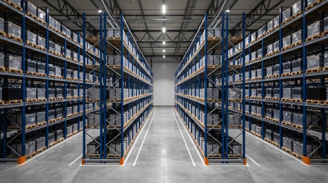 Symmetrical warehouse aisle with wrapped goods on blue racks.