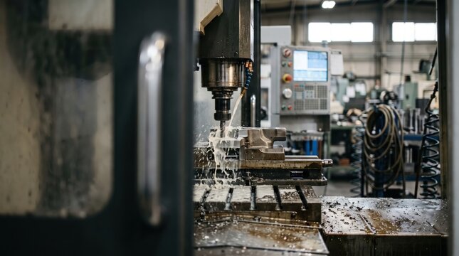 CNC machine drilling a metal part with coolant fluid