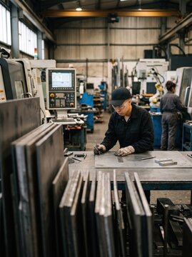 Focused worker measures and marks a steel plate