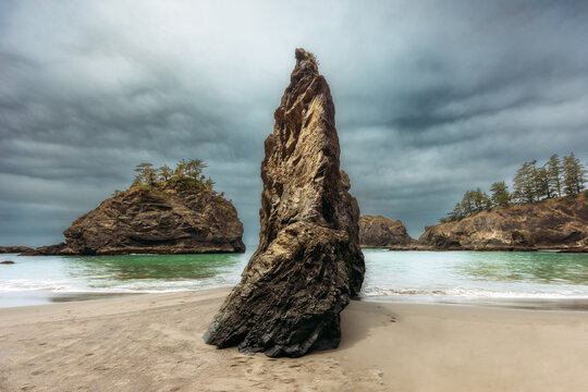 Dramatic sea stack on the moody Oregon coast