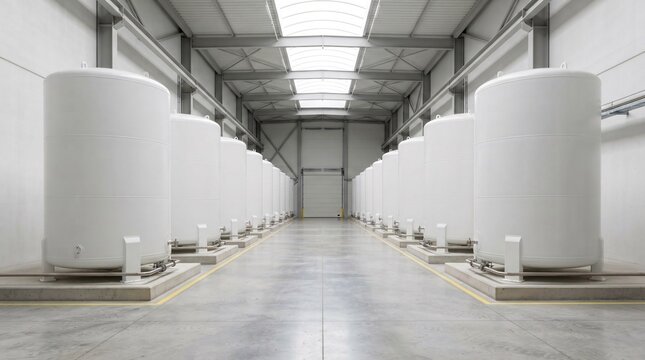 White industrial storage tanks in rows within factory area.