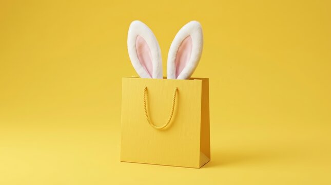 Easter shopping concept featuring a yellow paper gift bag with rabbit ears on a bright yellow background.