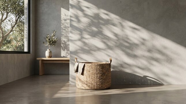 Woven basket placed on floor inside modern minimalist room.