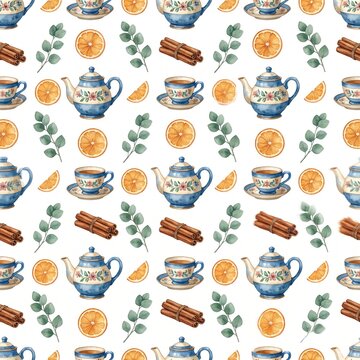 Watercolor tea time seamless pattern with ornamental blue teapots cups orange slices cinnamon sticks eucalyptus leaves.