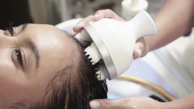 Electric scalp massager treatment at a Japanese head spa to stimulate circulation, cleanse the scalp, and promote relaxation and hair wellness.