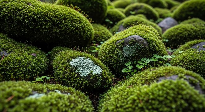 苔むした石畳、自然の緑、静寂、癒やし、生命力