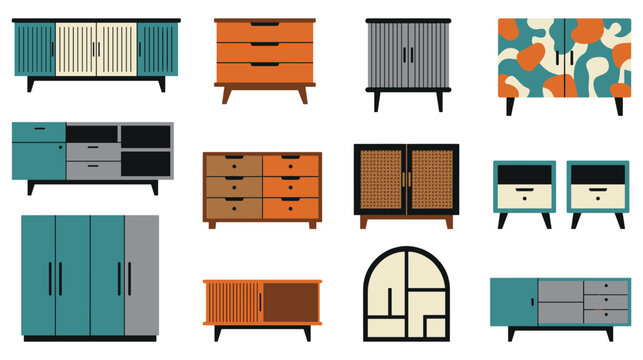 Color flat furniture icons set for interior design featuring cabinets dressers and tables.