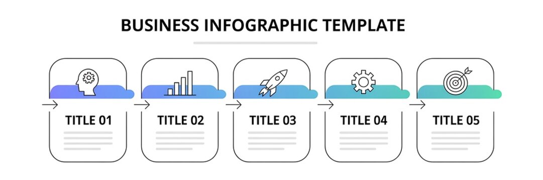 Business infographic template illustrates a sequential five step process flow.