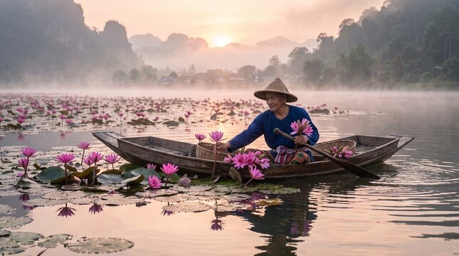 Local elder picking pink lotus flowers from a wooden boat on a misty lake at golden sunrise