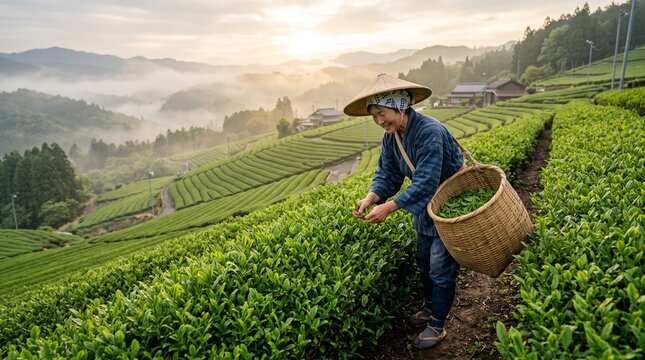 Japanese tea farmer harvesting fresh green tea leaves into a woven basket on scenic terrace hills at sunrise