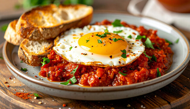 Savory spicy pepper sauce with crunchy artisan bread and crispy fried egg, rich homemade flavors, golden egg with crispy edges and runny yolk, rustic meal presentation, appetizing food. Close-up.