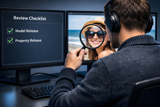 Digital curator reviewing a woman's image and release checklist on a computer for professional content verification