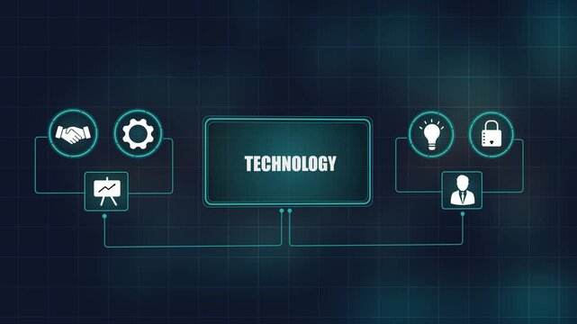 Digital technology concept with futuristic icons, Business innovation and network architecture, Corporate cyber solution and strategic workflow.