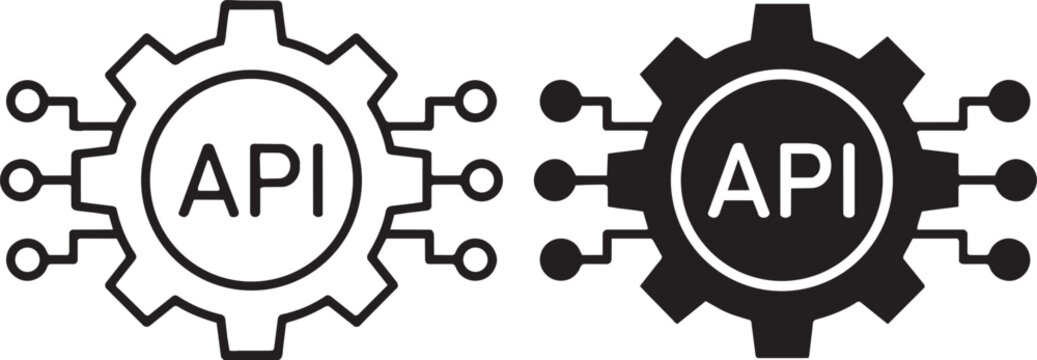 Art & Illustration, Software development gear icon with API text representing backend system integration and programming configuration.