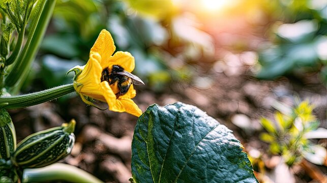Fuzzy insect gathers nectar from a vibrant yellow squash blossom