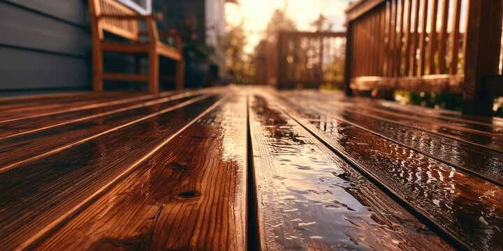 Wet, varnished wooden deck planks gleam in soft sunset light