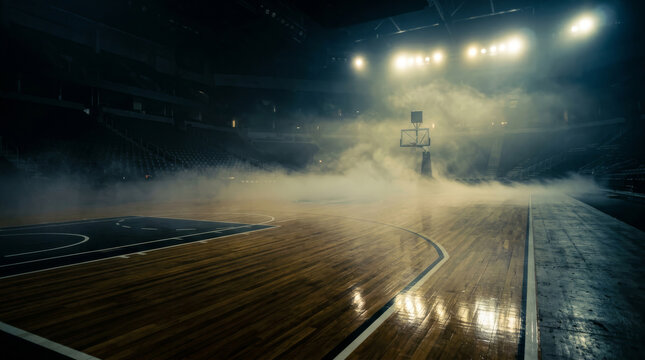 Empty basketball court with dramatic lighting and smoke effects, ready for a game.