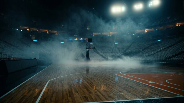 Empty basketball arena with dramatic lighting and atmospheric smoke.