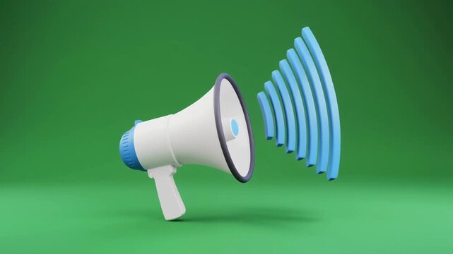 White and blue megaphone projecting curved blue sound waves on green background, symbolizing communication, broadcasting, and message amplification concept.
