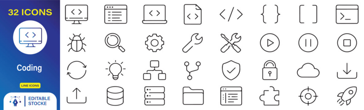 32 Coding Vector Outline Icons Set &ndash; Programming, Source Code, Software Development, Code Editor and Developer Tools Line Symbols Collection.