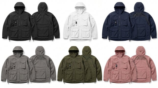 Tactical Utility Hooded Jacket Mockup Set in 6 Colors Front and Back View Isolated