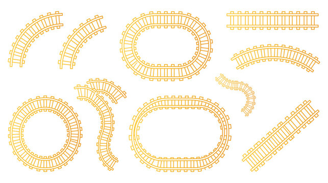 Golden railway tracks set isolated on white background in outline vector drawing style.
