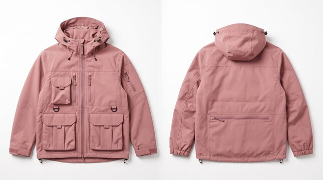 Dusty Pink Tactical Hooded Jacket Mockup Front and Back View Isolated on White Background