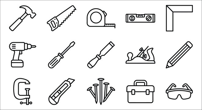 Collection Of Construction Tools Line Icons On White Background Black Strokes tool building repair maintenance