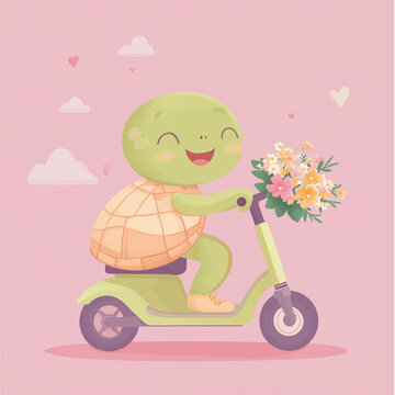 Baby turtle on motorcycle holding bouquet of flowers on pink background