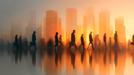 Fototapeta premium Urban Business Professionals Commute at Sunrise with City Skyline