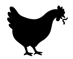 Black silhouette of a chicken eating a worm, simple farm animal vector isolated on a white background, ideal for logos, icons, decals, and agricultural designs. © Amalia