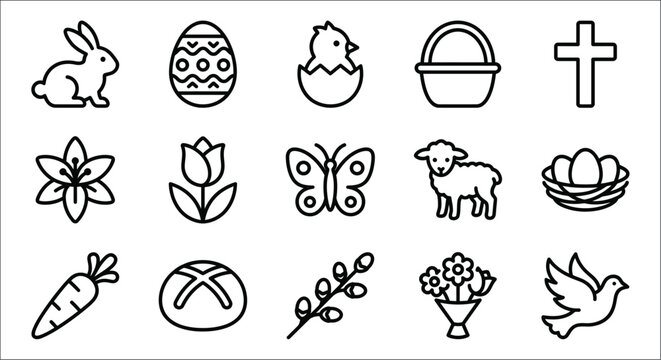 Easter themed line icons depicting rabbits eggs flowers and lambs on a white background bunny