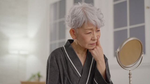 肌に悩むシニア女性（夜・美容）