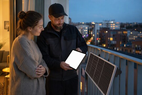 Balcony solar setup, installer shows resident blank tablet