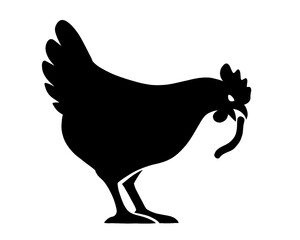 Minimalist black chicken silhouette catching a worm, clean vector illustration perfect for farming, poultry, rural lifestyle, and nature-themed projects. © Amalia