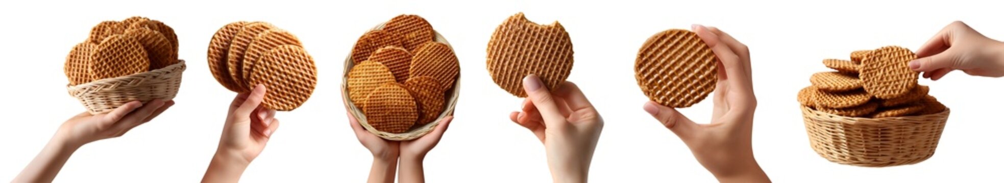 Set of hand holding traditional Dutch stroopwafel, round waffle biscuit snack, rattan basket, bitten broken pile stack group, transparent cutout PNG Mockup