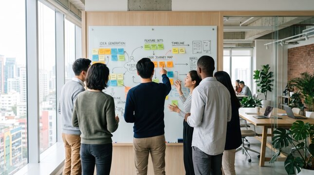 Diverse creative team brainstorming with sticky notes on whiteboard, agile project planning, user journey map, startup office environment, collaboration, idea generation