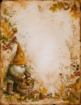 A charming gnome dressed in a pointy hat and traditional clothing, gathering mushrooms in a basket, surrounded by autumnal elements like leaves and acorns. The illustration has an old.
