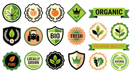 Organic food and natural product labels collection flat color illustration set.