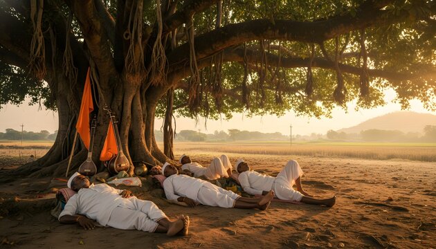 Tired but devoted pilgrims resting under a large banyan tree during the sacred Pandharpur wari yatra pilgrimage, representing peace, harmony and faith concept