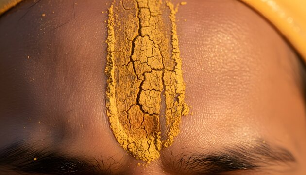 Extreme close-up of traditional Marathi forehead sandalwood paste tilak mark worn by a warkari devotee during the Pandharpur Wari pilgrimage for spirituality concept
