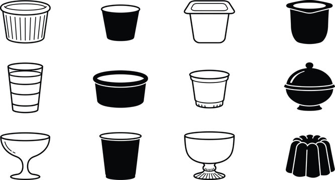 Yogurt Tub Puddding Cup and Dessert Container Icon Set with Jelly and Glassware Elements for Food Packaging and Cafe Menu Designs