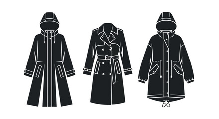 Set of black silhouette women's winter coats and jackets on white background © Amazing