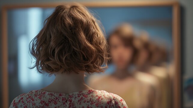 Young woman looking at her reflection in a mirror indoors