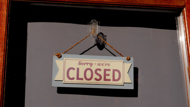 Closed sign, store, door, business, sorry, retail, vintage wooden closed sign hanging on shop window